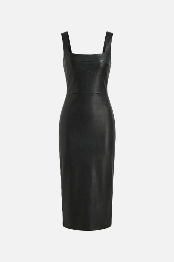Womens Faux Leather Midi Dress Sleeveless Square Neck