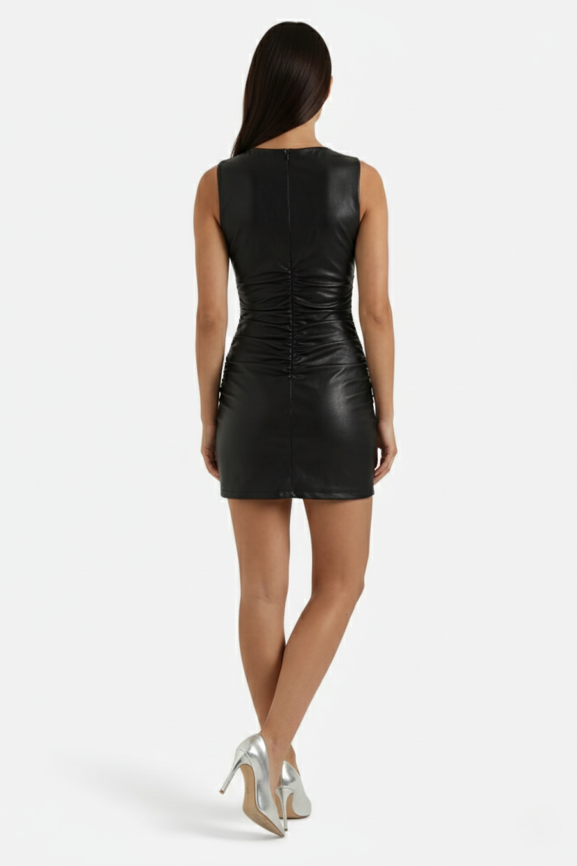 Womens Faux Leather Mini Dress Sleeveless Ruched