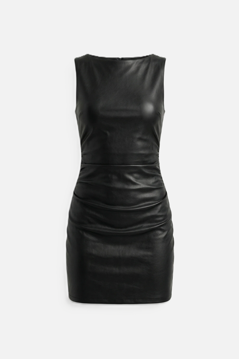 Womens Faux Leather Mini Dress Sleeveless Ruched