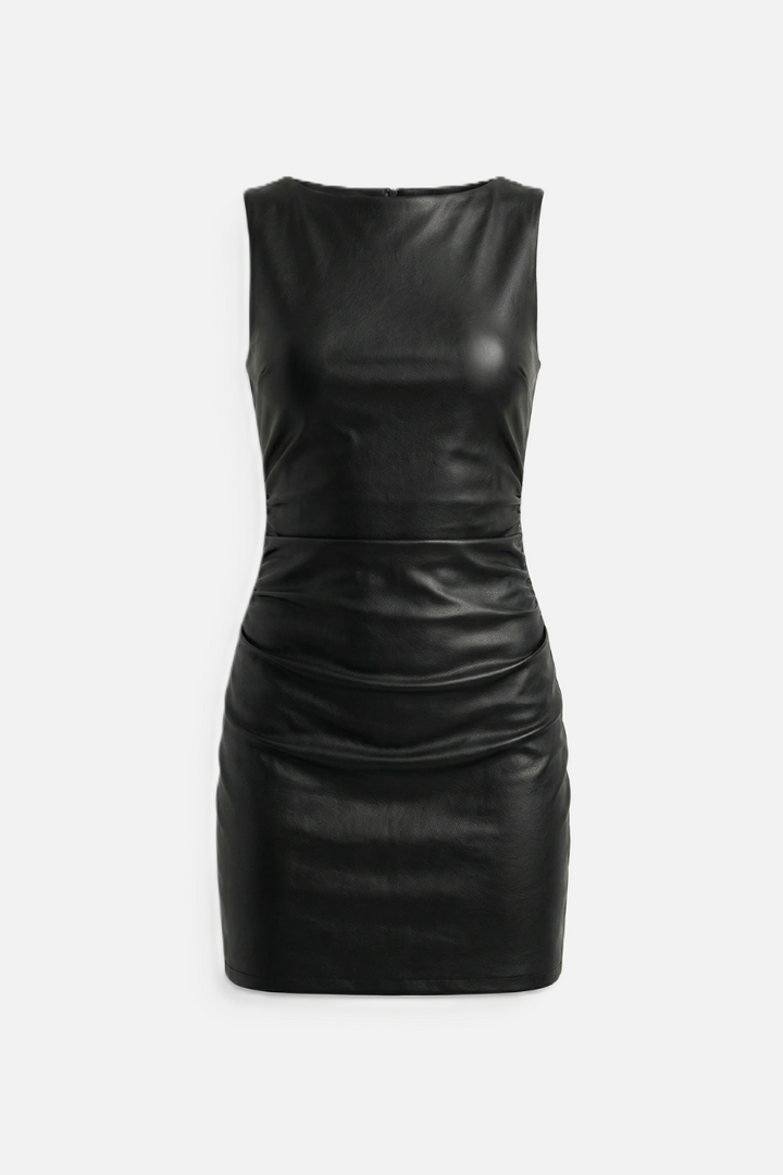 Womens Faux Leather Mini Dress Sleeveless Ruched