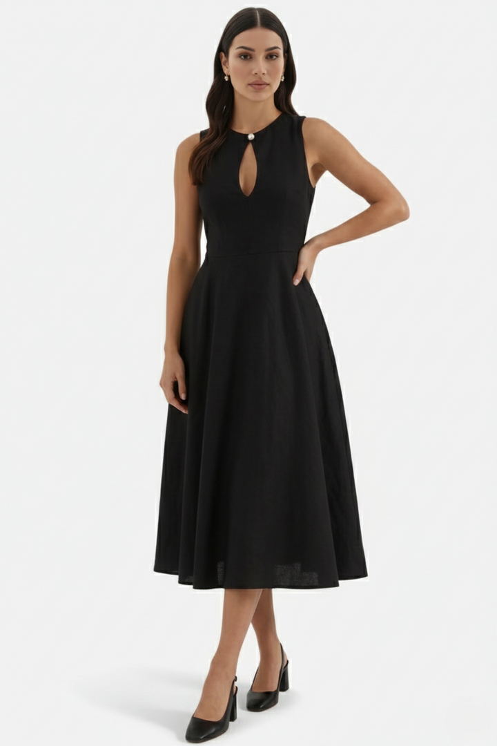 Womens Linen Midi Dress Keyhole Neckline Fit and Flare