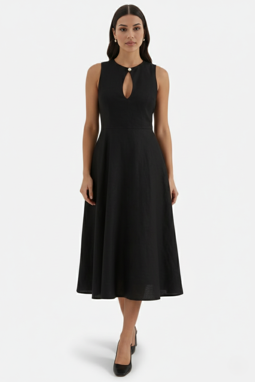 Womens Linen Midi Dress Keyhole Neckline Fit and Flare - Clovrio