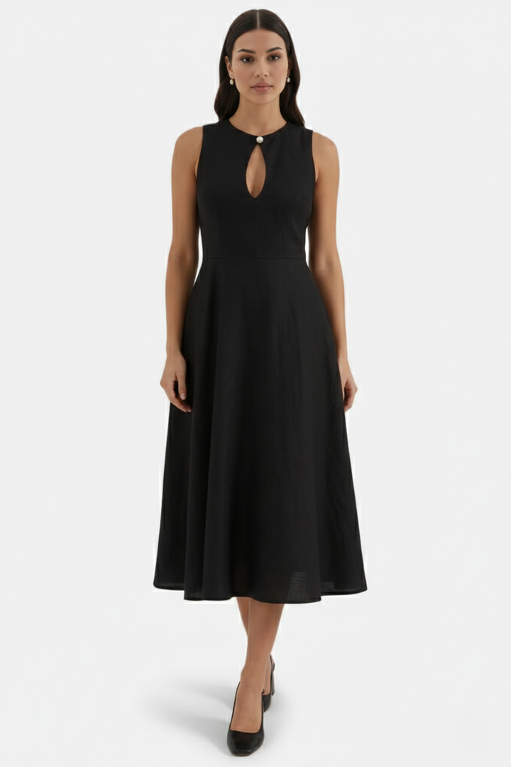 Womens Linen Midi Dress Keyhole Neckline Fit and Flare - Clovrio