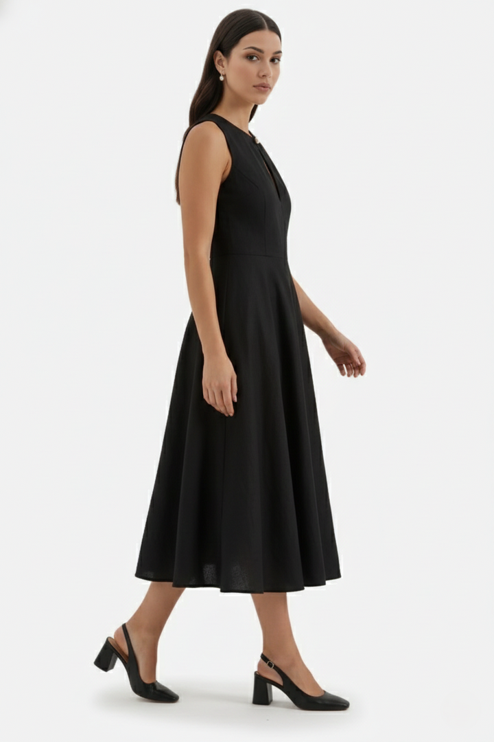 Womens Linen Midi Dress Keyhole Neckline Fit and Flare