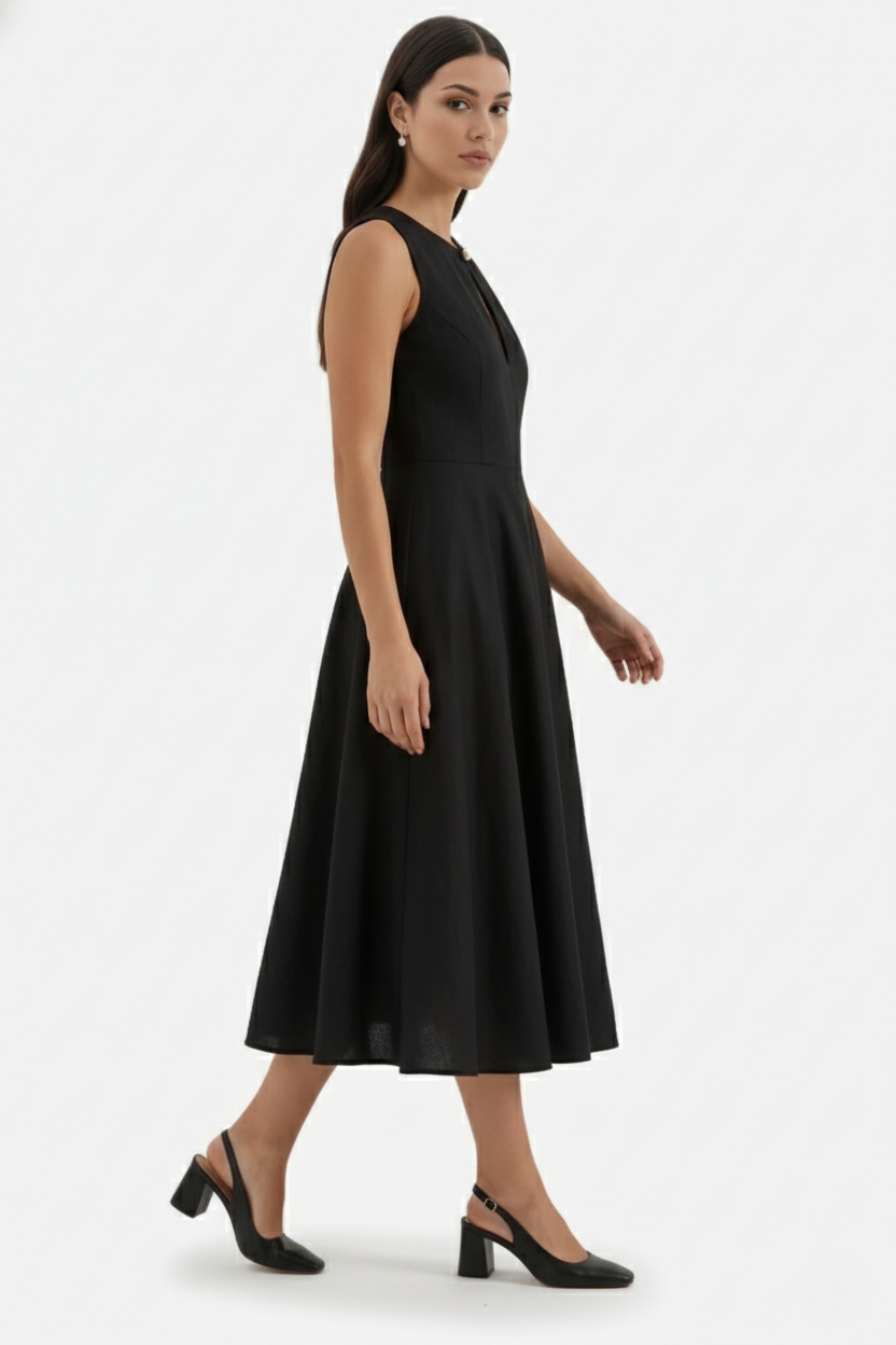 Womens Midi Dress Mixed Media Long Sleeve Fit and Flare