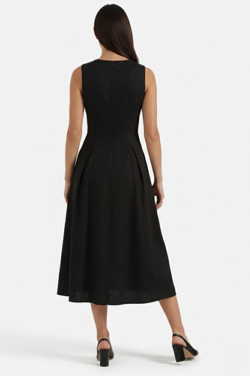 Womens Linen Midi Dress Keyhole Neckline Fit and Flare