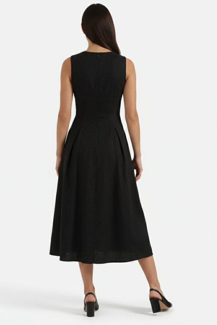 Womens Linen Midi Dress Keyhole Neckline Fit and Flare