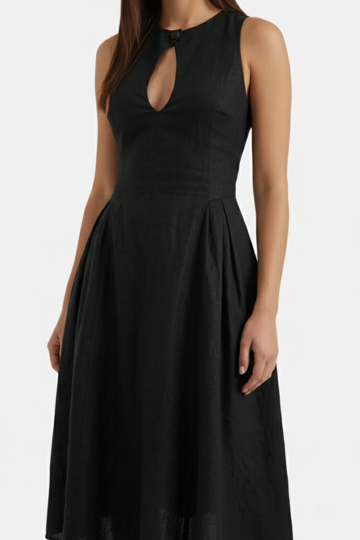 Womens Linen Midi Dress Keyhole Neckline Fit and Flare