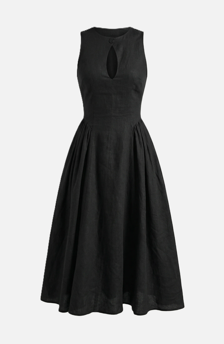 Womens Linen Midi Dress Keyhole Neckline Fit and Flare