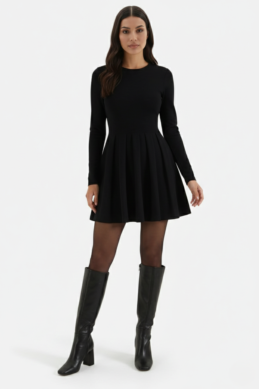 Womens Knitted Skater Dress Long Sleeve Fit and Flare