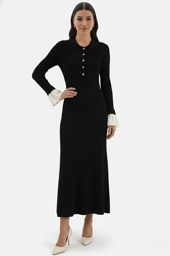Womens Ribbed Knit Maxi Dress with Polo Neck and Long Sleeves - Clovrio