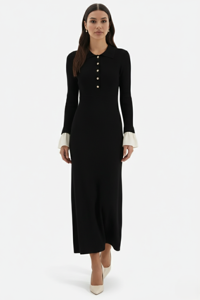 Womens Ribbed Knit Maxi Dress with Polo Neck and Long Sleeves