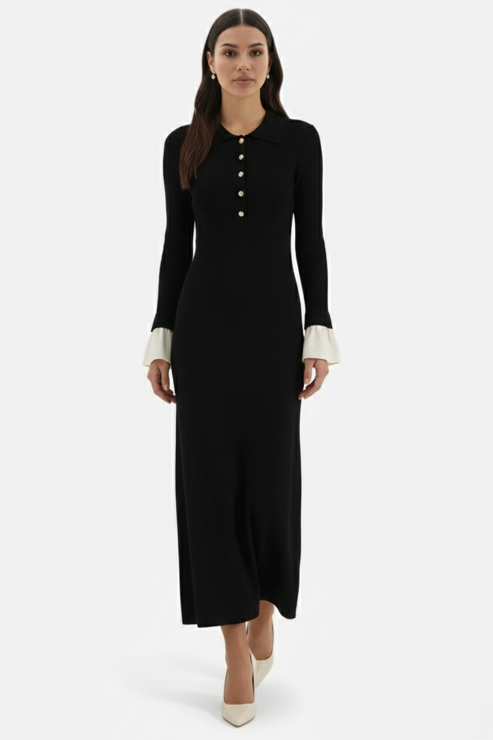 Womens Ribbed Knit Maxi Dress with Polo Neck and Long Sleeves