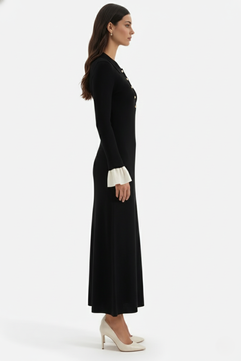 Womens Ribbed Knit Maxi Dress with Polo Neck and Long Sleeves