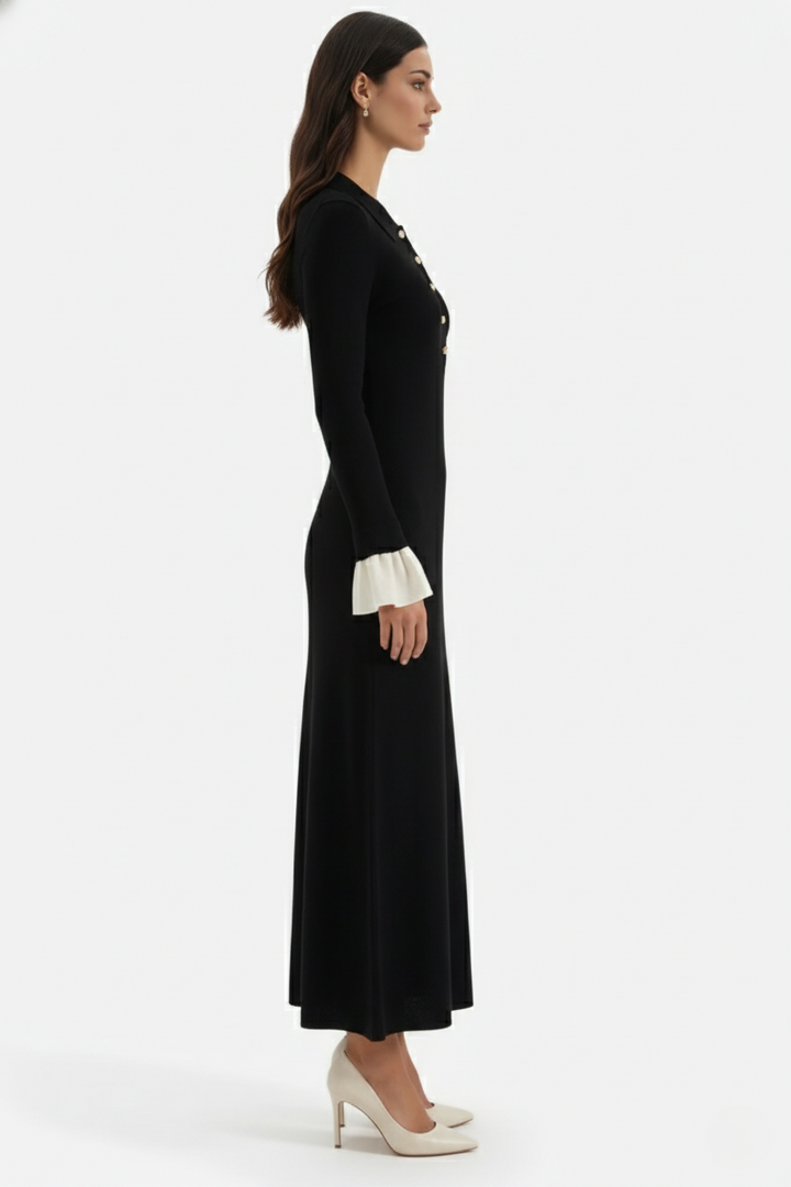 Womens Ribbed Knit Maxi Dress with Polo Neck and Long Sleeves