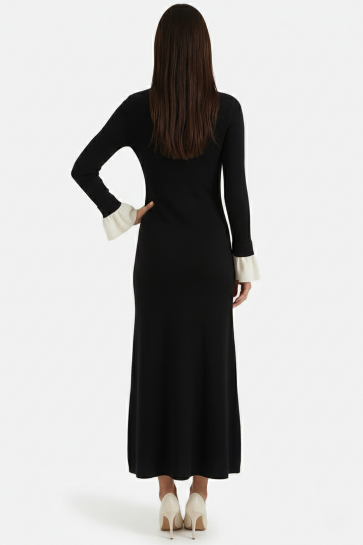Womens Ribbed Knit Maxi Dress with Polo Neck and Long Sleeves