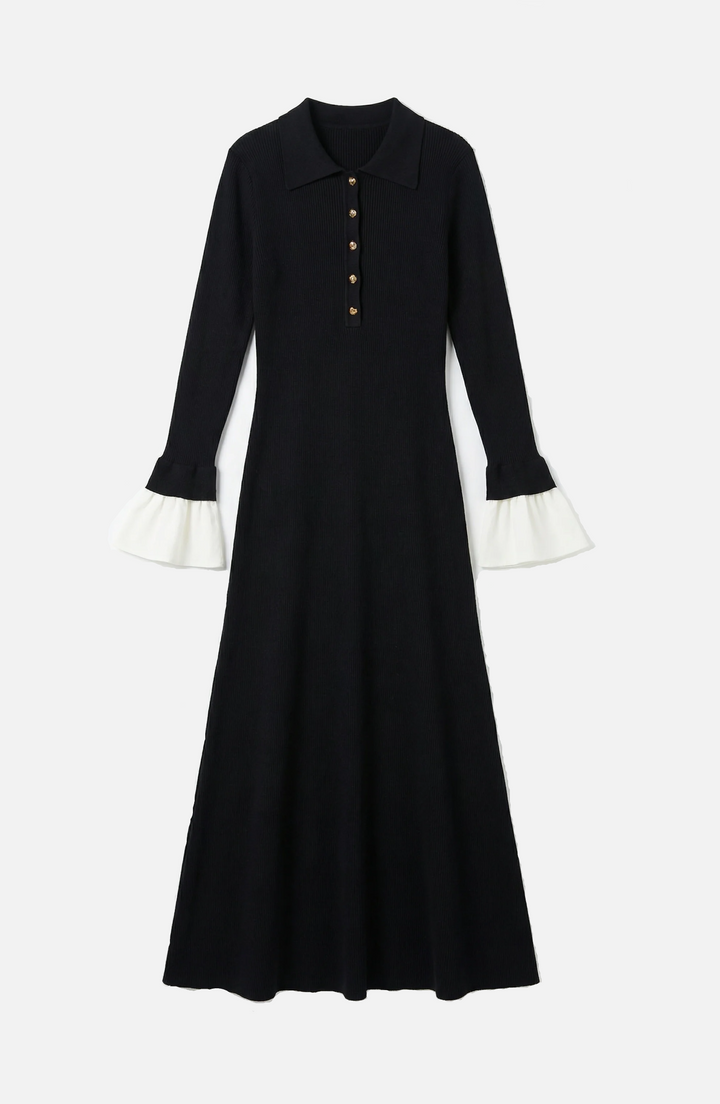 Womens Ribbed Knit Maxi Dress with Polo Neck and Long Sleeves