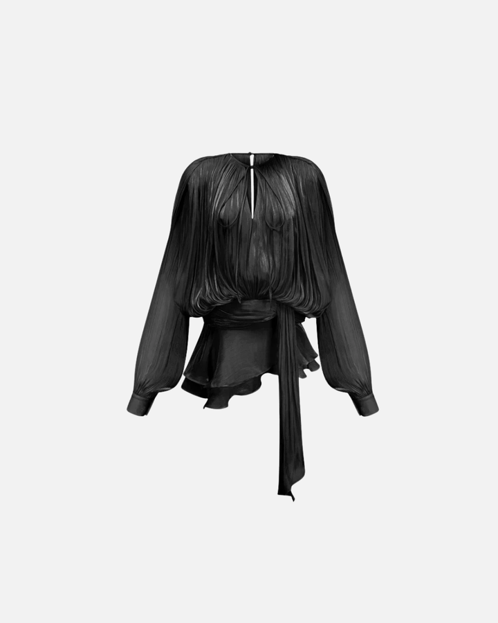 Womens Mini Dress with Tie Neck Long Sleeve and Pleated Ruffle Hem