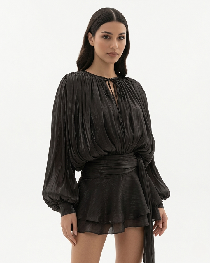 Womens Mini Dress with Tie Neck Long Sleeve and Pleated Ruffle Hem
