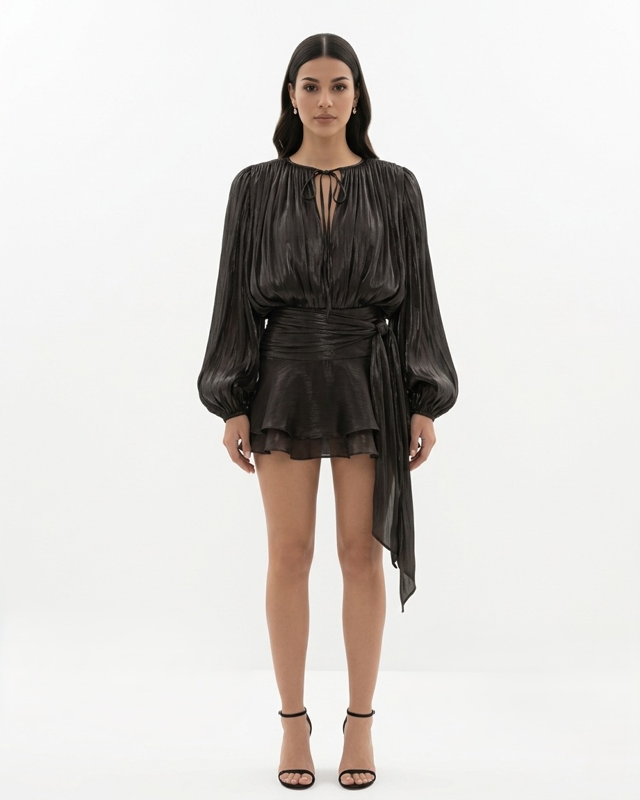 Womens Mini Dress with Tie Neck Long Sleeve and Pleated Ruffle Hem