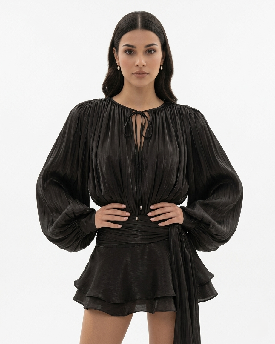 Womens Mini Dress with Tie Neck Long Sleeve and Pleated Ruffle Hem
