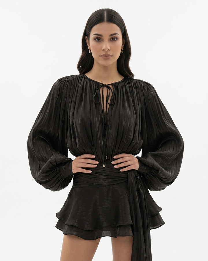 Womens Mini Dress with Tie Neck Long Sleeve and Pleated Ruffle Hem
