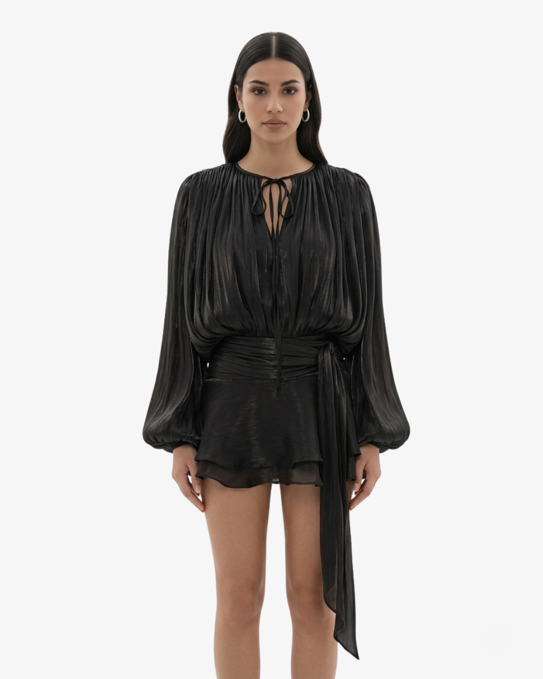Womens Mini Dress with Tie Neck Long Sleeve and Pleated Ruffle Hem
