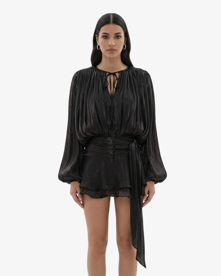 Womens Mini Dress with Tie Neck Long Sleeve and Pleated Ruffle Hem