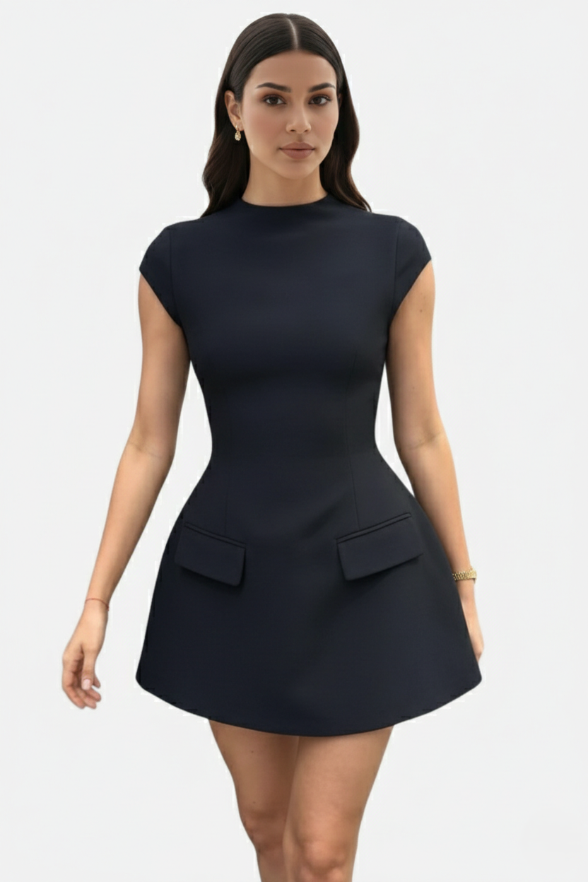 Womens Fit and Flare Mini Dress with Mock Neck and Cap Sleeves - Clovrio