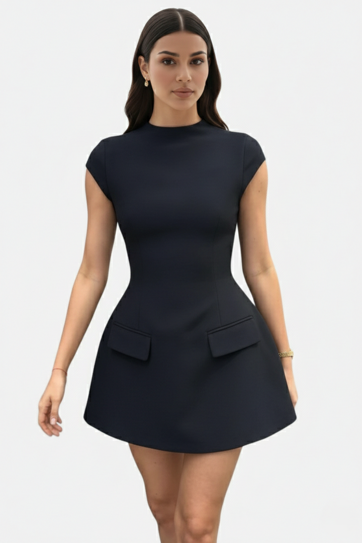 Womens Fit and Flare Mini Dress with Mock Neck and Cap Sleeves - Clovrio