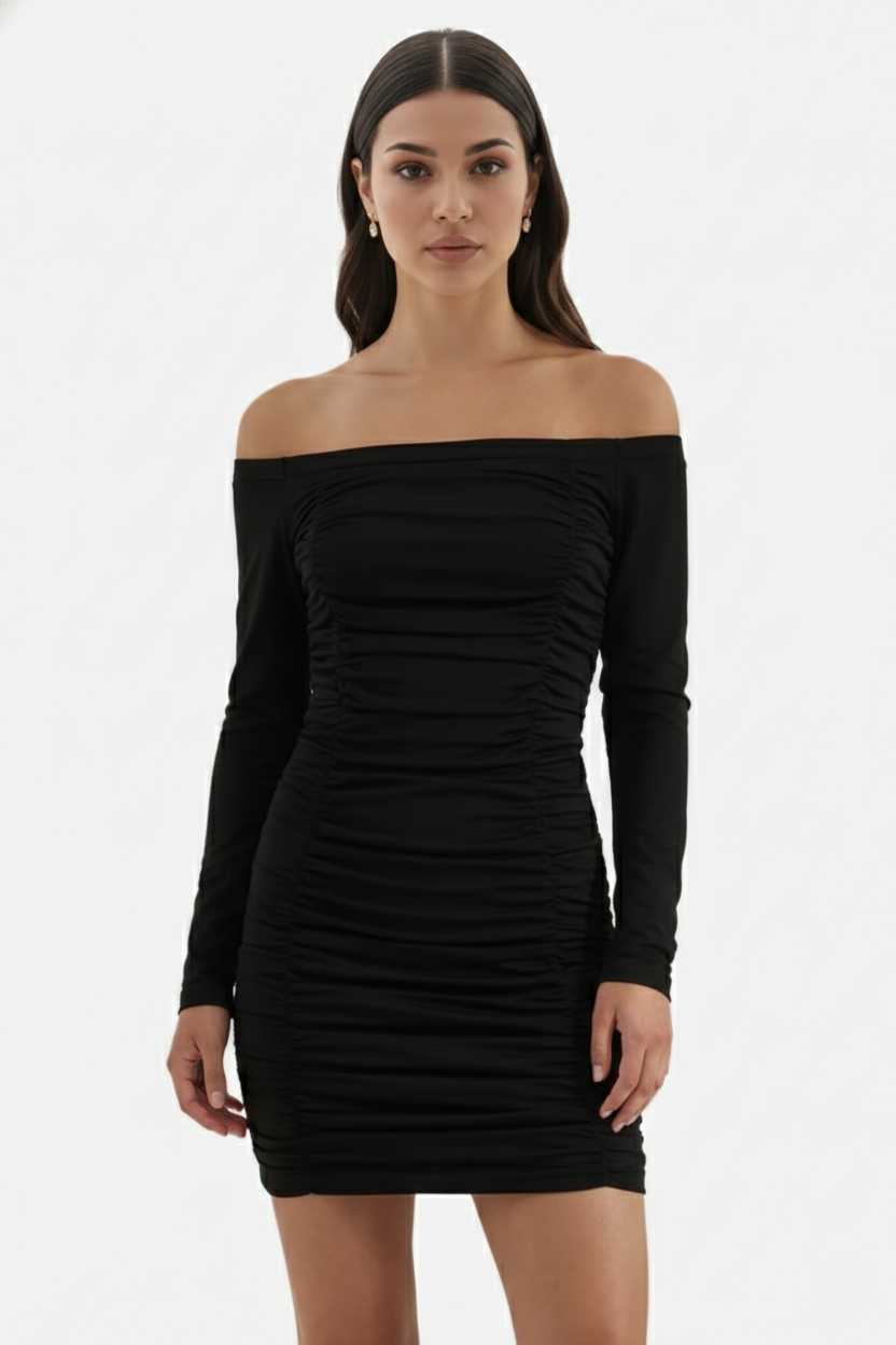 Womens Bodycon Mini Dress Ruched Off-Shoulder Long Sleeve