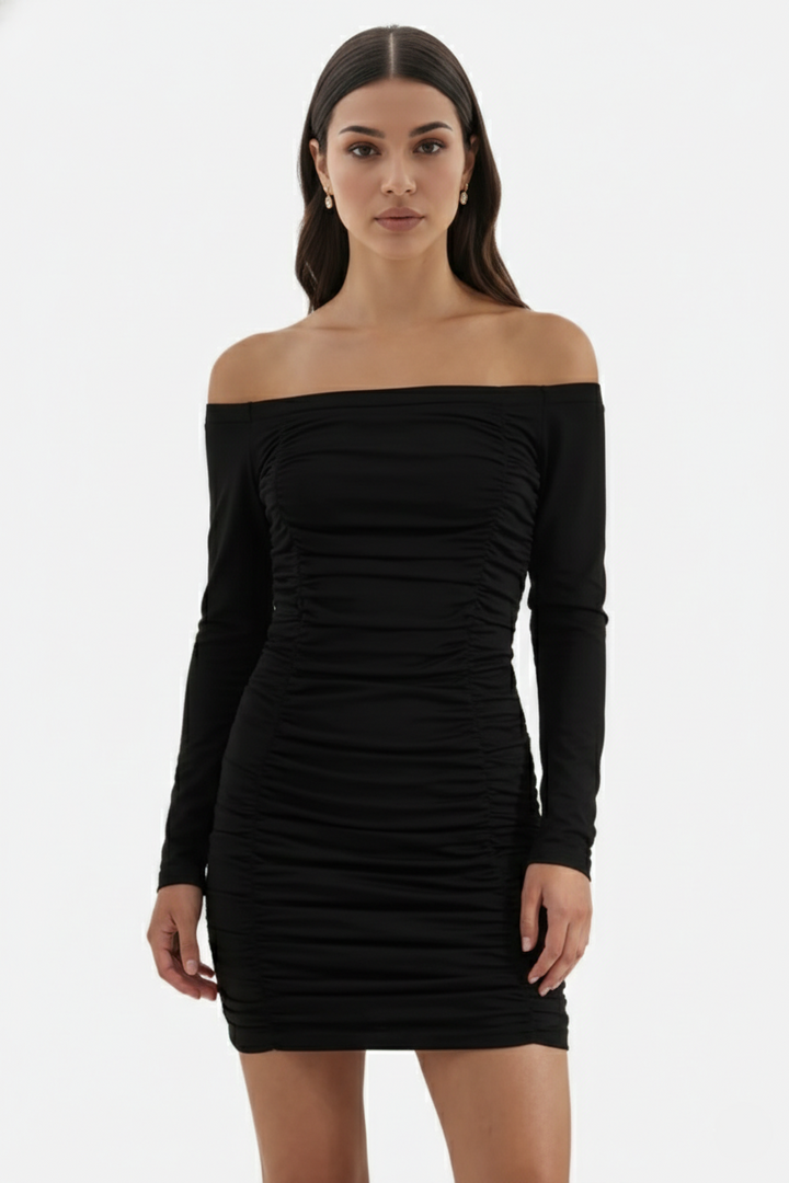 Womens Bodycon Mini Dress Ruched Off-Shoulder Long Sleeve