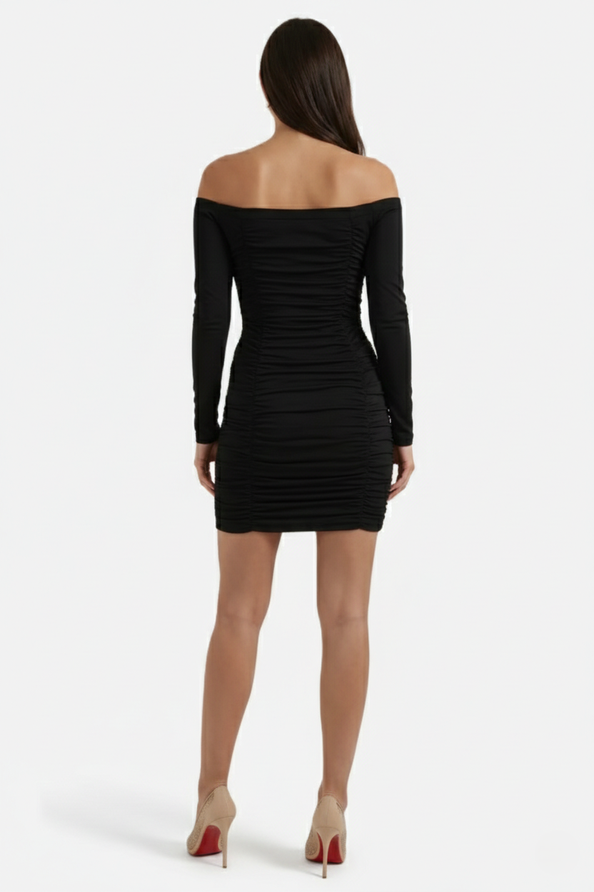 Womens Bodycon Mini Dress Ruched Off-Shoulder Long Sleeve