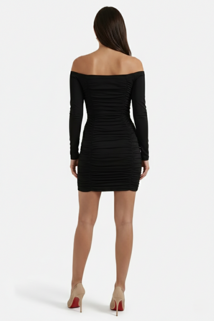 Womens Bodycon Mini Dress Ruched Off-Shoulder Long Sleeve
