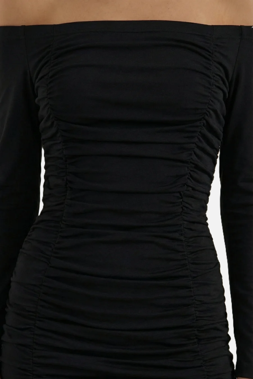 Womens Bodycon Mini Dress Ruched Off-Shoulder Long Sleeve