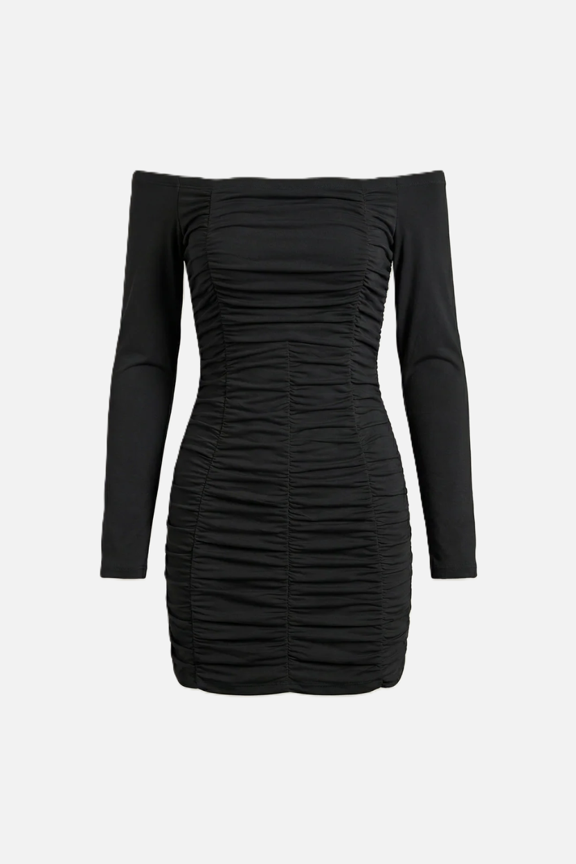 Womens Bodycon Mini Dress Ruched Off-Shoulder Long Sleeve