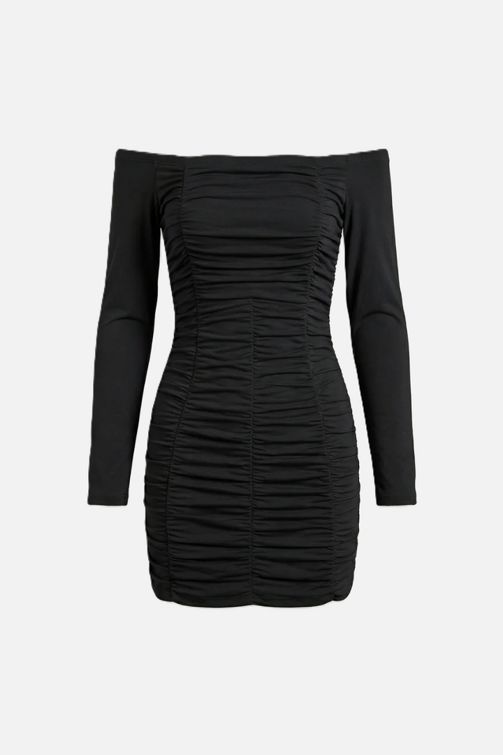 Womens Bodycon Mini Dress Ruched Off-Shoulder Long Sleeve
