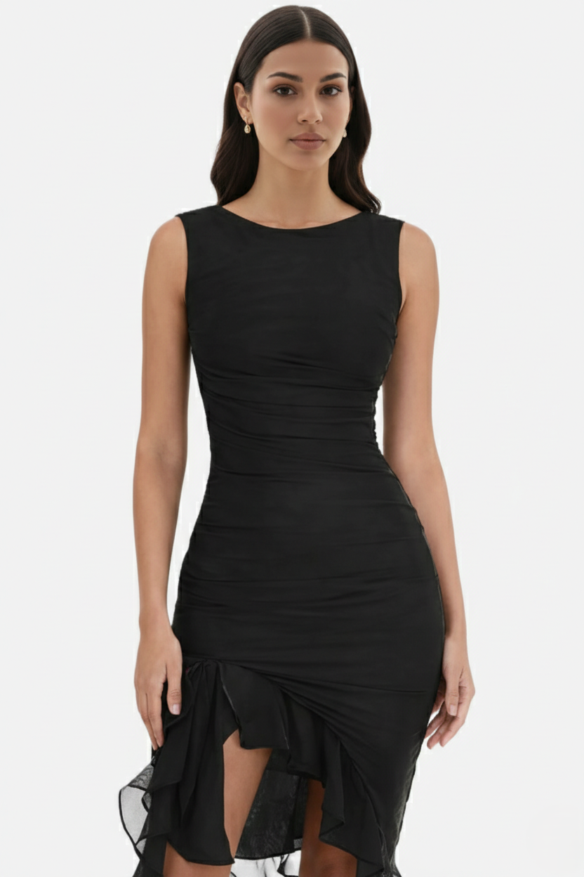 Womens Sleeveless Bodycon Midi Dress Ruched Ruffle Side Slit - Clovrio