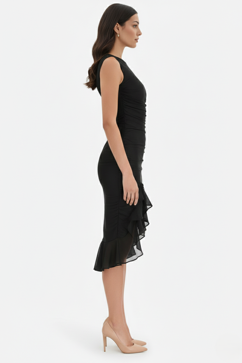 Womens Sleeveless Bodycon Midi Dress Ruched Ruffle Side Slit