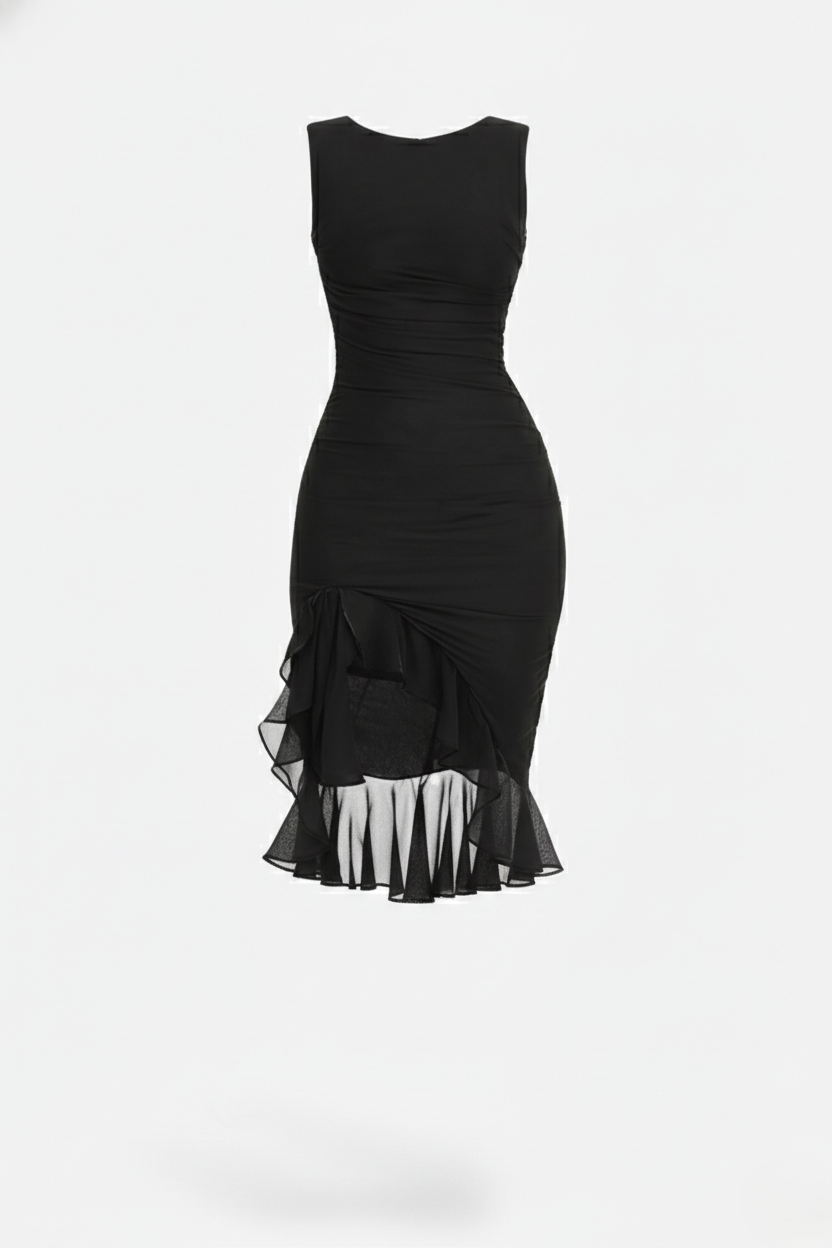 Womens Sleeveless Bodycon Midi Dress Ruched Ruffle Side Slit