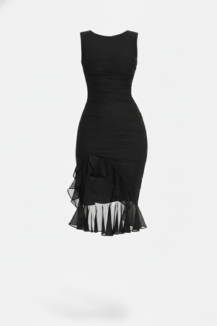 Womens Sleeveless Bodycon Midi Dress Ruched Ruffle Side Slit