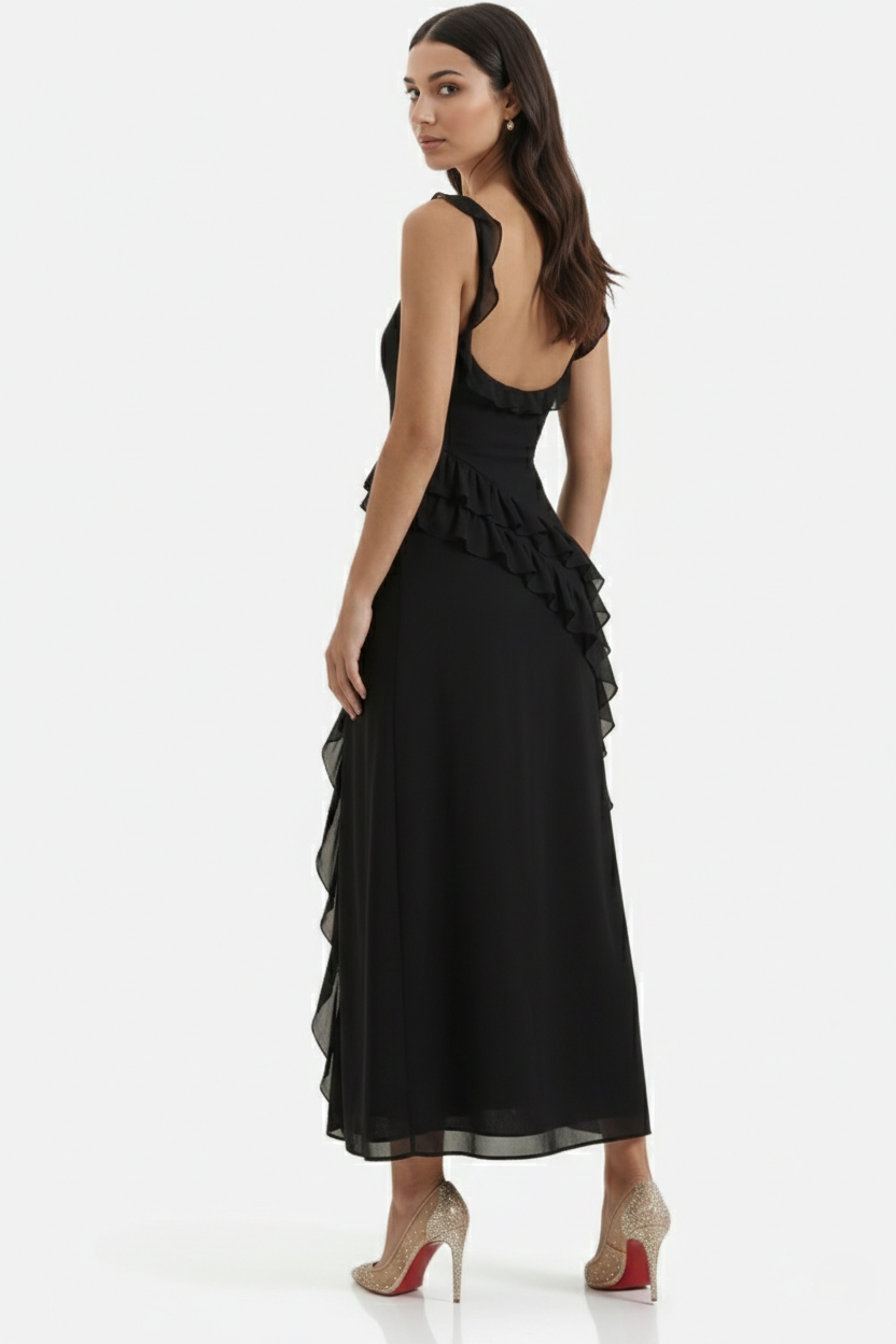 Womens Sleeveless Maxi Dress with Ruffle Trim and Front Slit