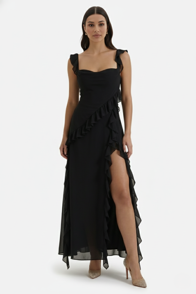 Womens Sleeveless Maxi Dress with Ruffle Trim and Front Slit