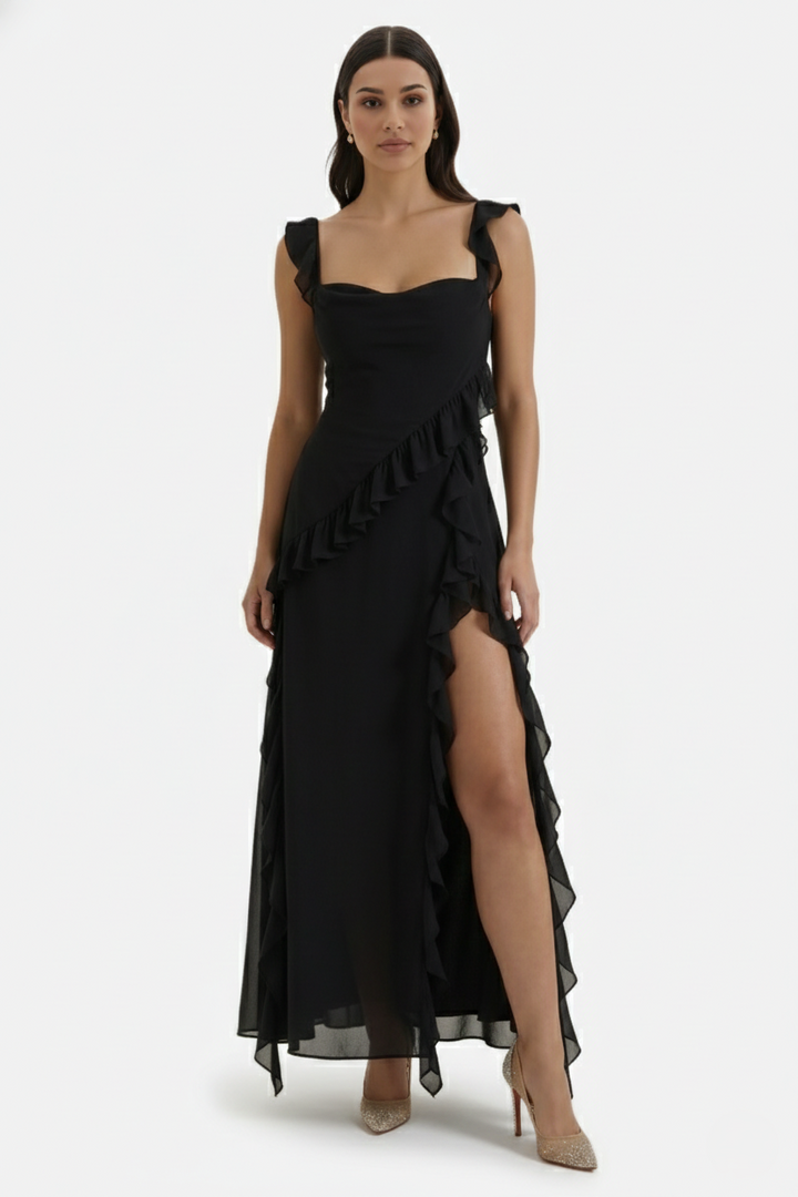 Womens Sleeveless Maxi Dress with Ruffle Trim and Front Slit