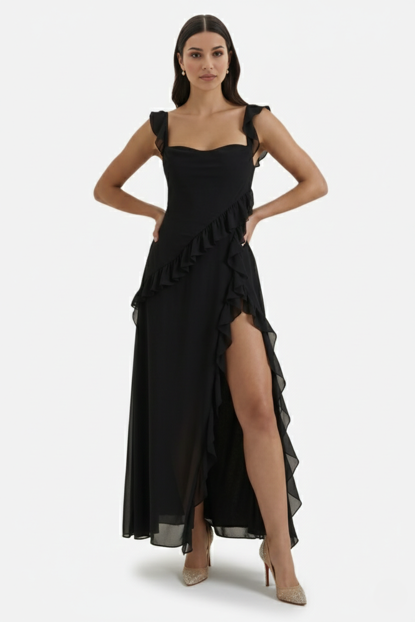 Womens Sleeveless Maxi Dress with Ruffle Trim and Front Slit