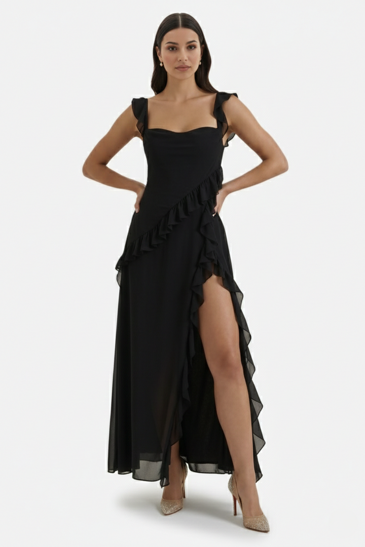 Womens Sleeveless Maxi Dress with Ruffle Trim and Front Slit