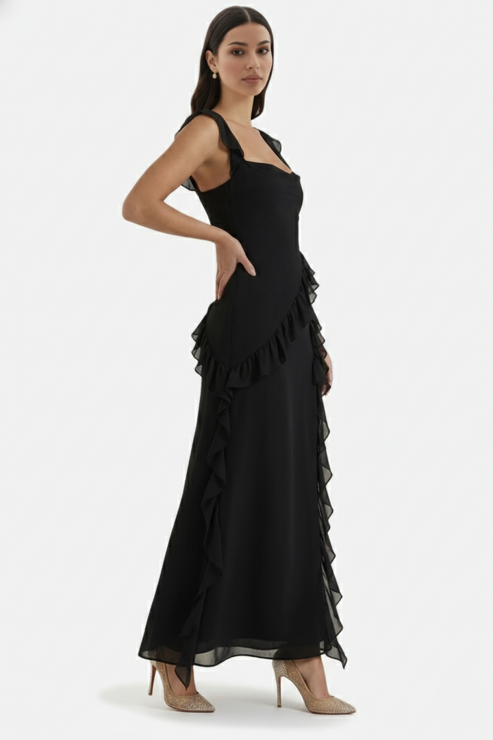 Womens Sleeveless Maxi Dress with Ruffle Trim and Front Slit