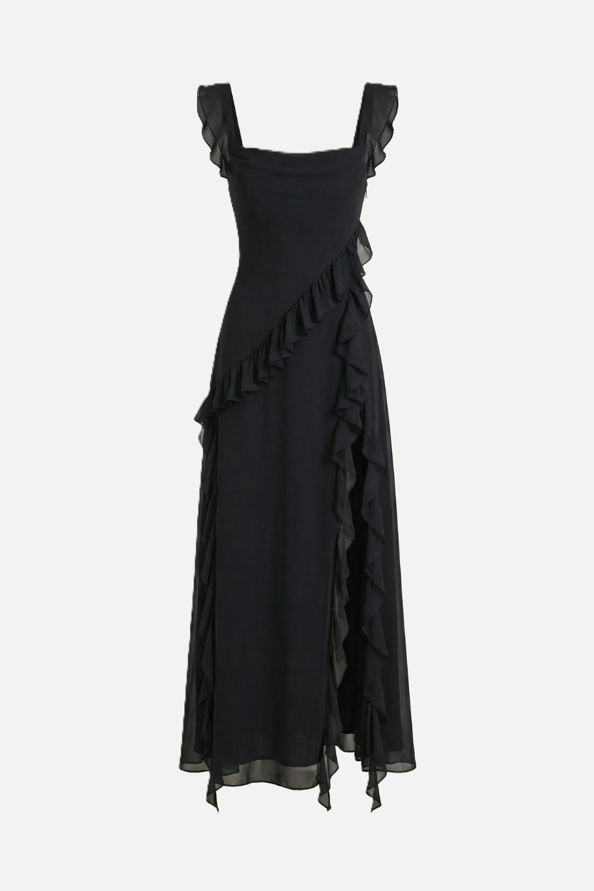 Womens Sleeveless Maxi Dress with Ruffle Trim and Front Slit