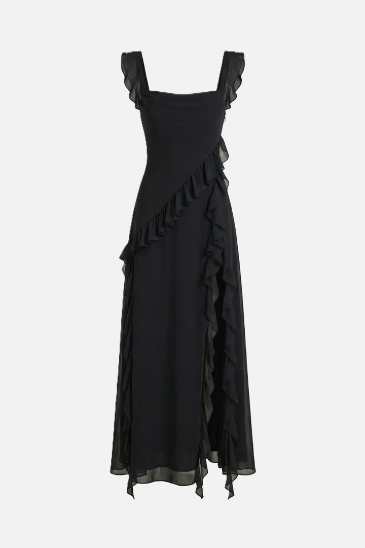 Womens Sleeveless Maxi Dress with Ruffle Trim and Front Slit