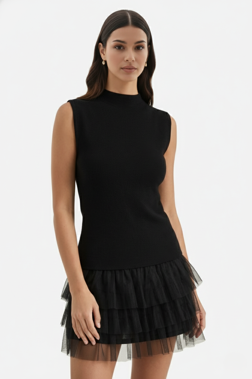 Womens Mini Cocktail Dress Sleeveless High Neck Fitted Tulle - Clovrio